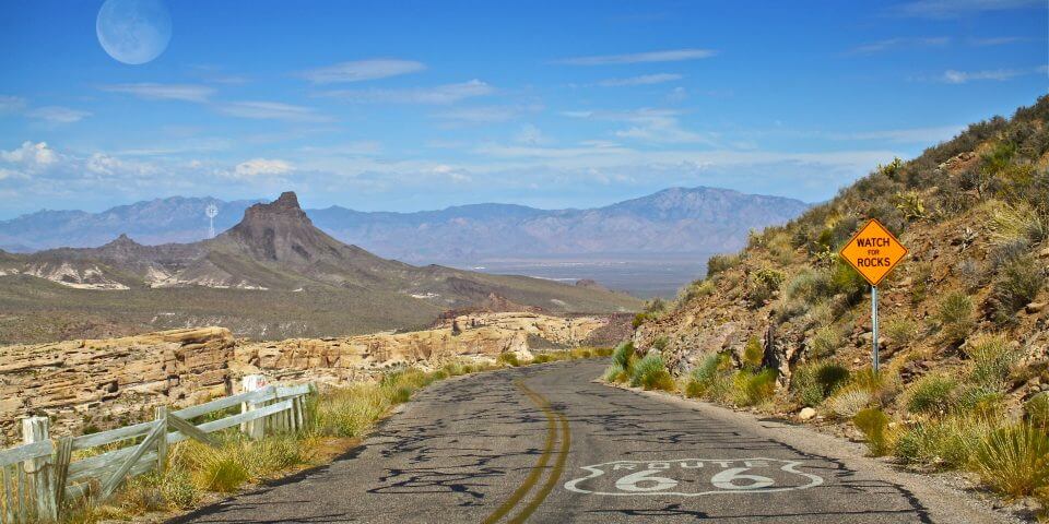 Route 66 desert road in Arizona.