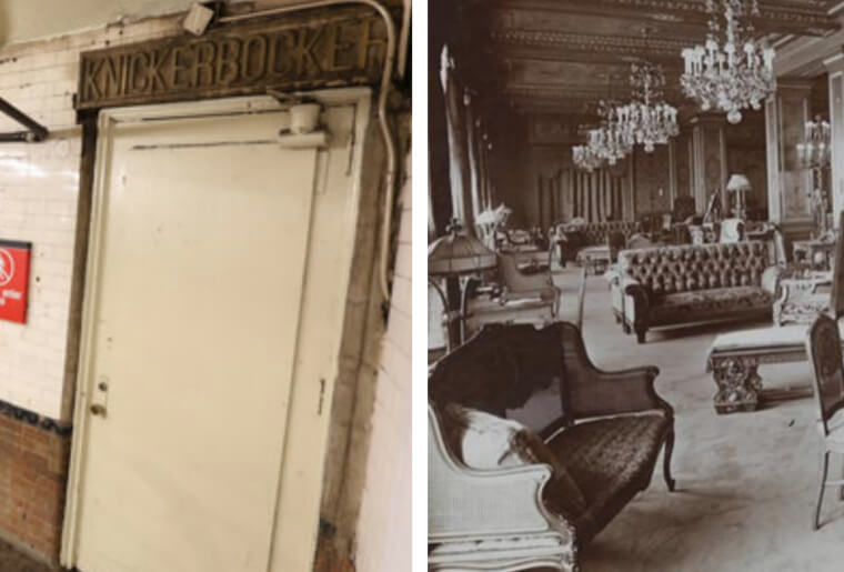Old images of the lounge at the Knickerbocker Hotel and it's current door acting as a subway entrance.