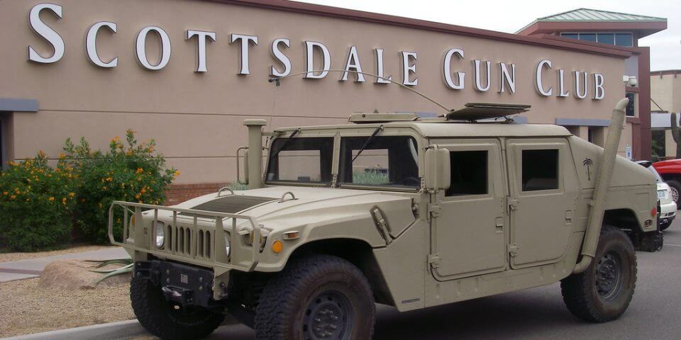 A hummer parked outside the Scottsdale Gun Club.