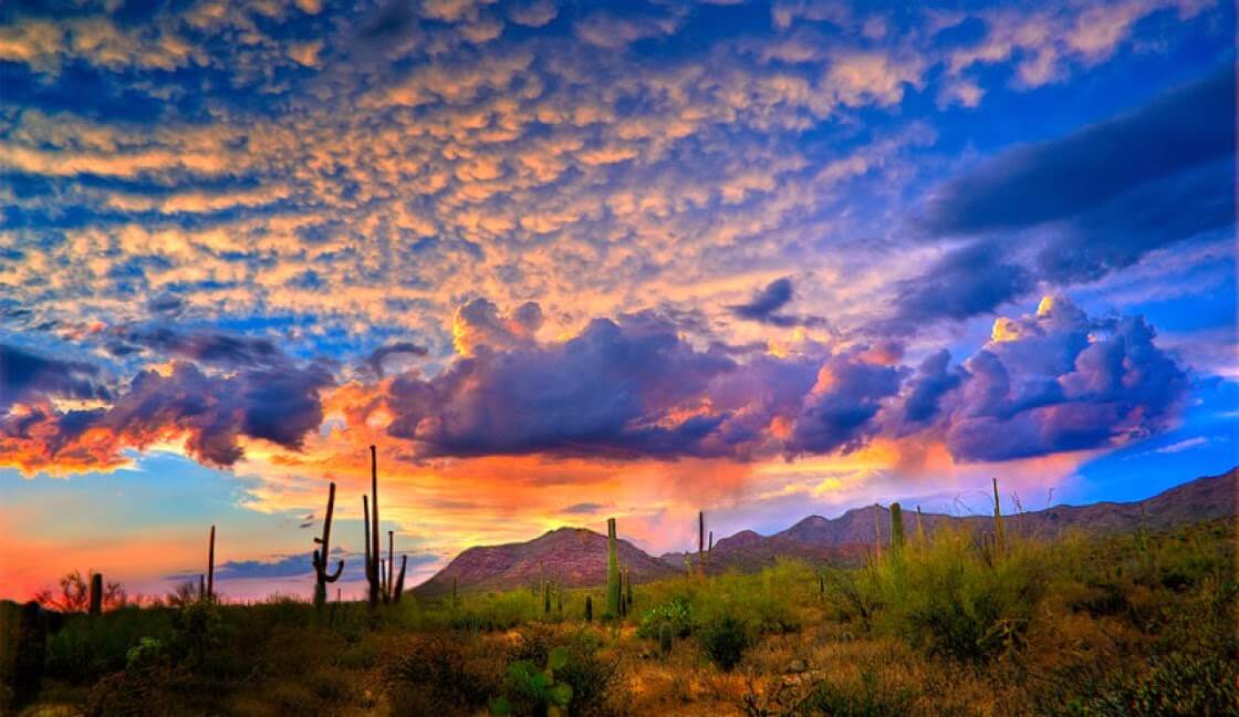 Pictures of Arizona sunsets are the best, including this one of a pink, blue, and orange sky above the desert.