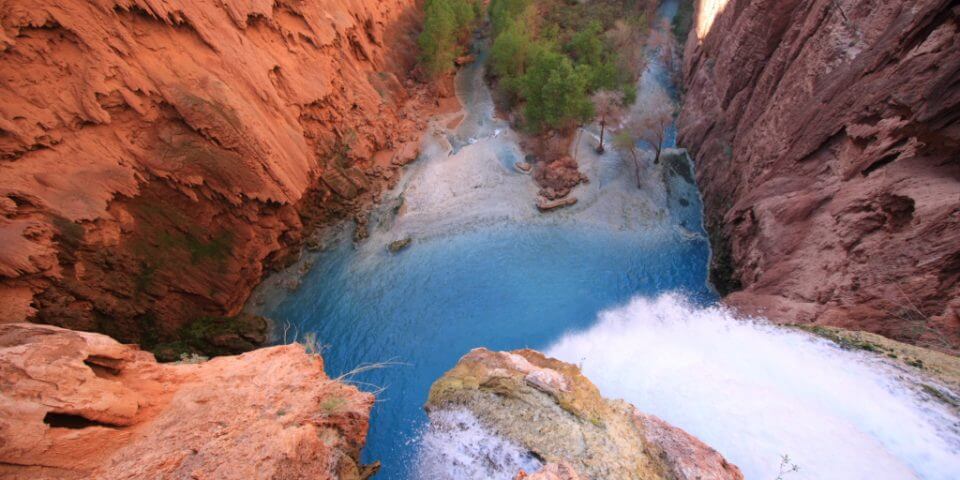 Looking down a waterfall in Supai, Arizona.