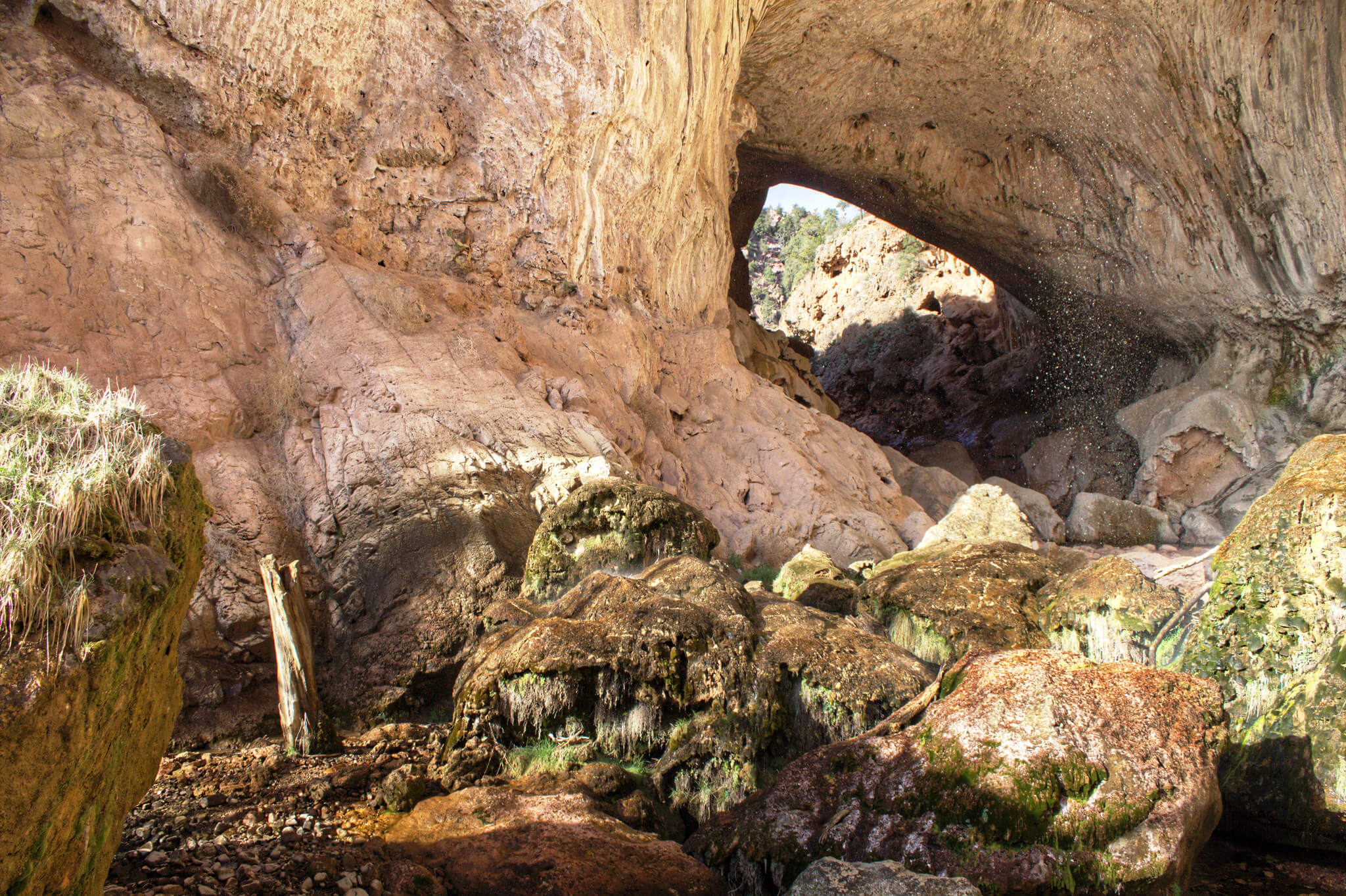 The hole of the Tonto Natural Bridge from ground level. Water is frozen in time as large drops descending from above.
Flickr User Anthony Restar