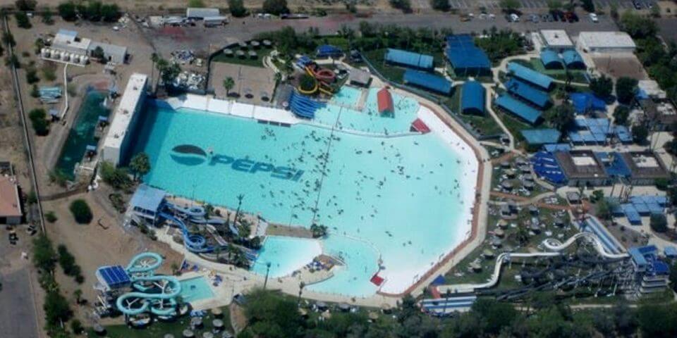 Aerial shot looking down at the wave pool at Big Surf water park in Tempe. Flickr User Shane Phillips