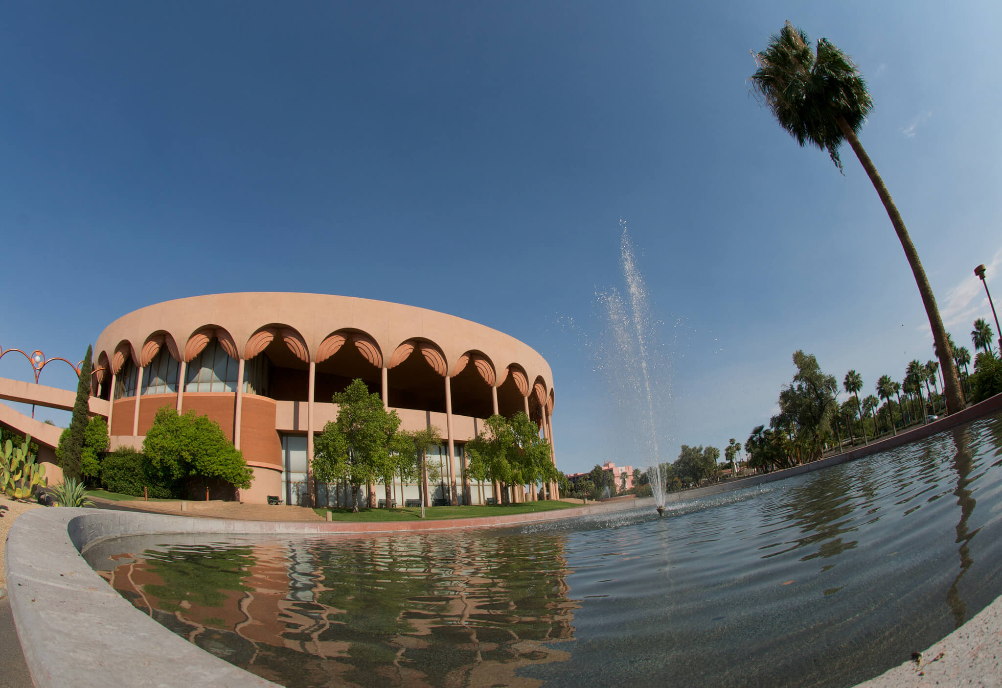Exterior fish-eye lens shot of Grady Gammage Auditorium in Tempe, AZ. Flickr User John M. Quick
