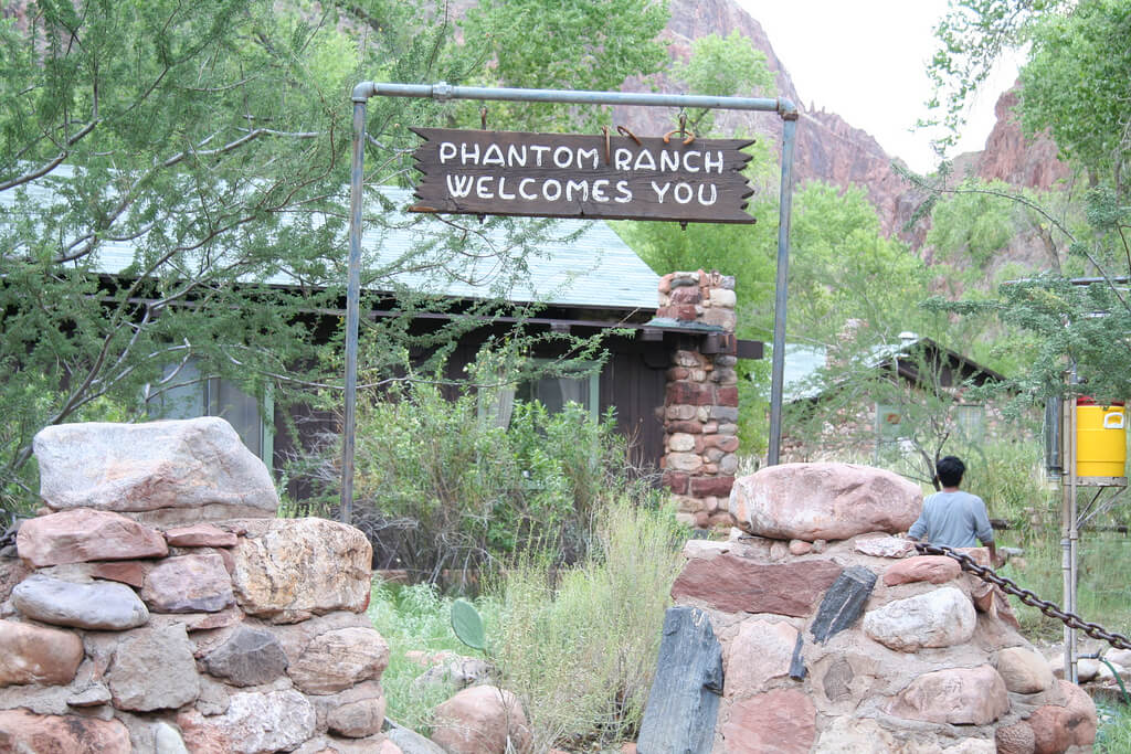 Front sign of the Phantom Ranch. It says "Phantom Ranch Welcomes You."