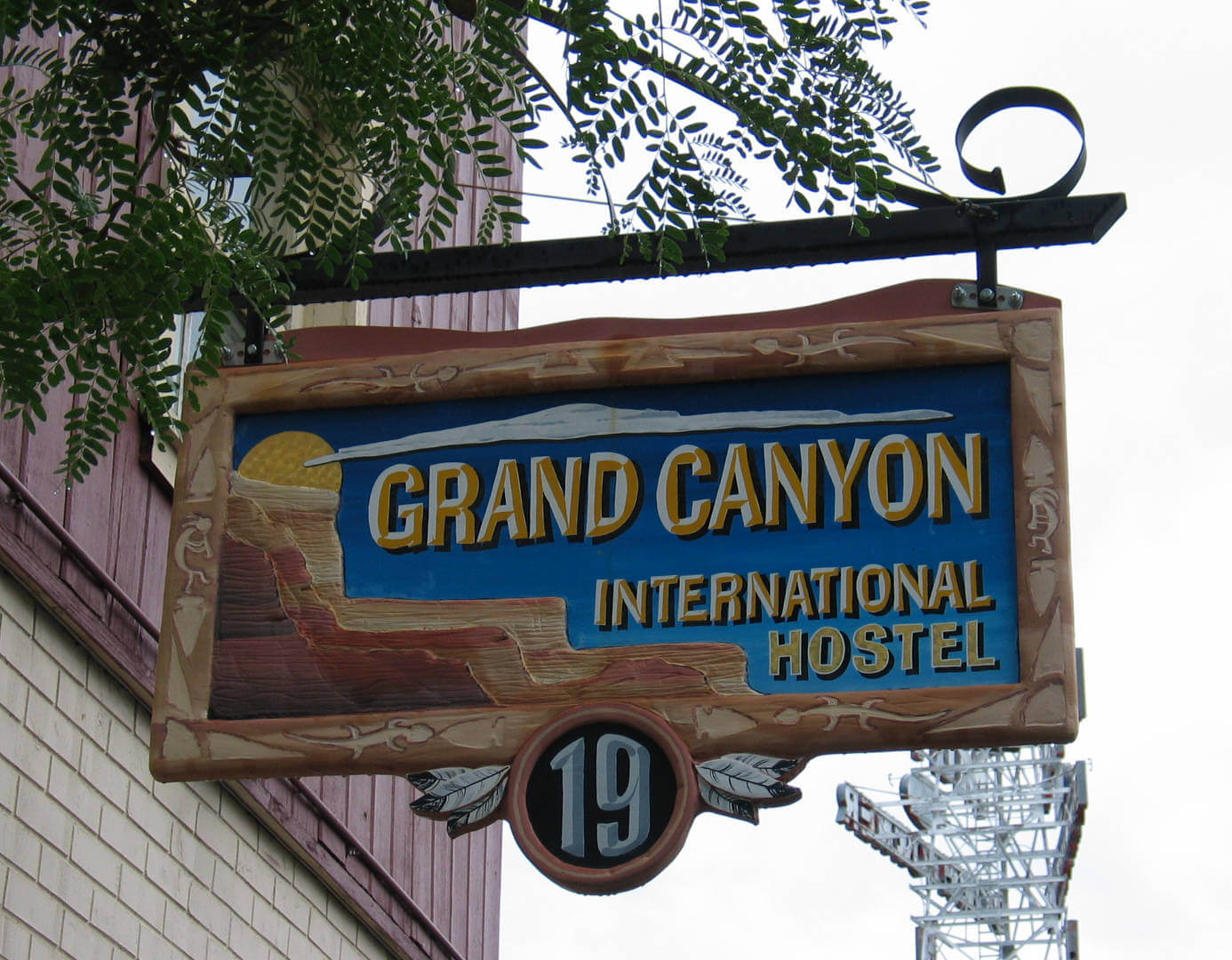Sign for the Grand Canyon International Hostel in Flagstaff, Arizona. 