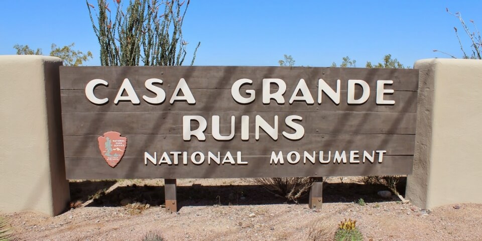 The sign outside of the Casa Grande Ruins National Monument in Arizona.