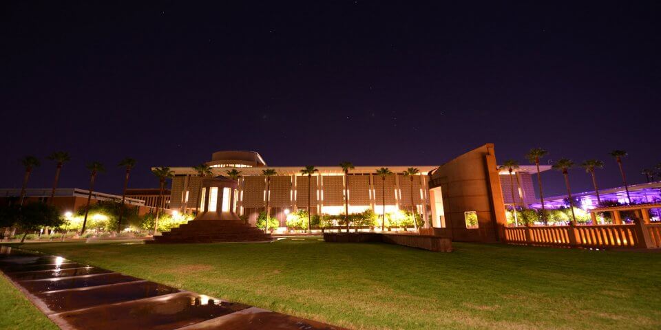 Outside the library at night on Arizona State University's Tempe campus. 