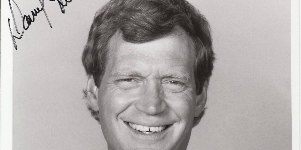 Black and white autographed photograph of David Letterman. 