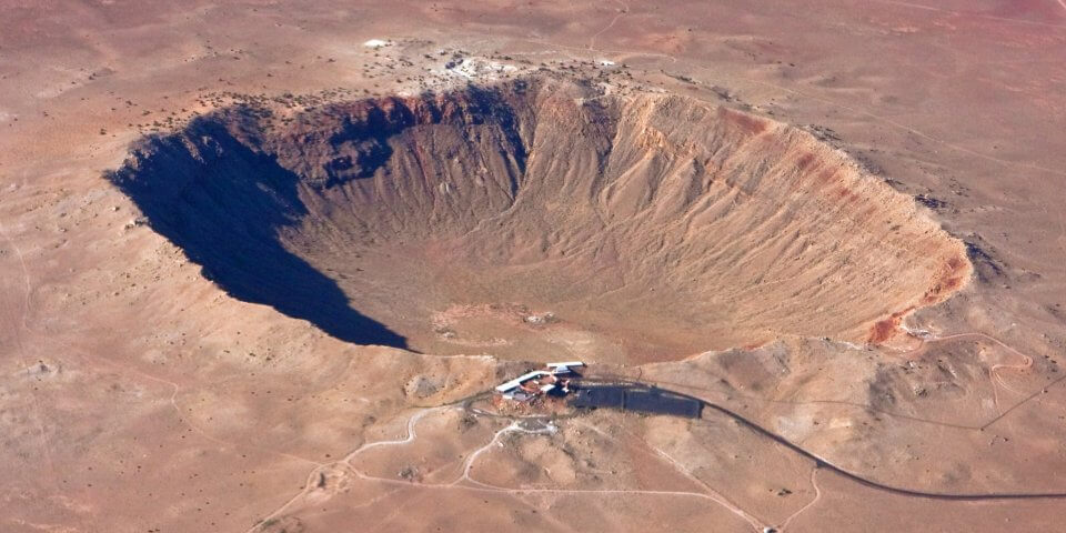 An aerial picture of the Meteor Crater (Barringer Crater) in Arizona.