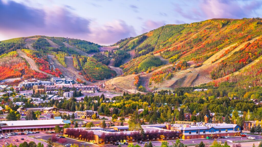 Park City, Utah, USA downtown in autumn at dusk.
