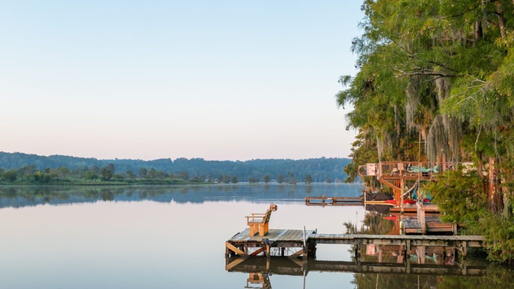A wooden dock with a chair extending into Gantt Lake, surrounded by trees with Spanish moss. 