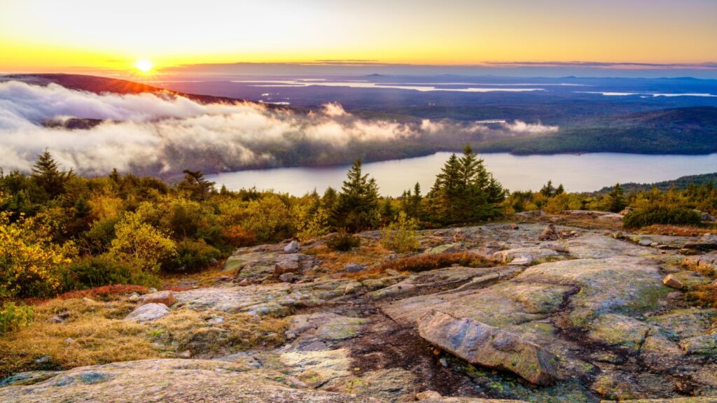 Scenic sunset in Acadia National Park as seen from the top of Cadillac Mountain