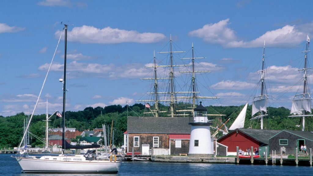 Close-up view of Mystic Seaport and the harbor lighthouse.