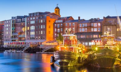 Portsmouth, New Hampshire, USA town cityscape on the River at twilight.