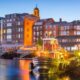 Portsmouth, New Hampshire, USA town cityscape on the River at twilight.