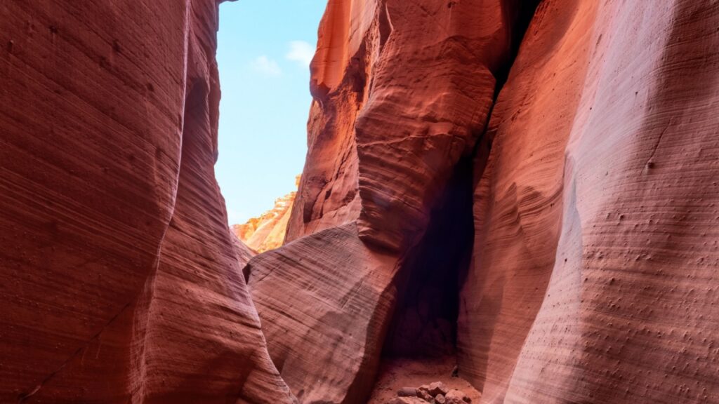 Wind Pebble slot canyon near Page Arizona highlights the narrow passageway and amazing, intricate patterns that form over millions of years from the combination of water and sediment flow.