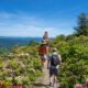 Three hikers walk along a path through blooming rhododendrons and other wildflowers at Craggy Gardens in the Blue Ridge Mountains, with distant mountains under a clear blue sky