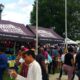 A lively vegan food festival in Baltimore with multiple vendor tents and a large crowd of attendees.