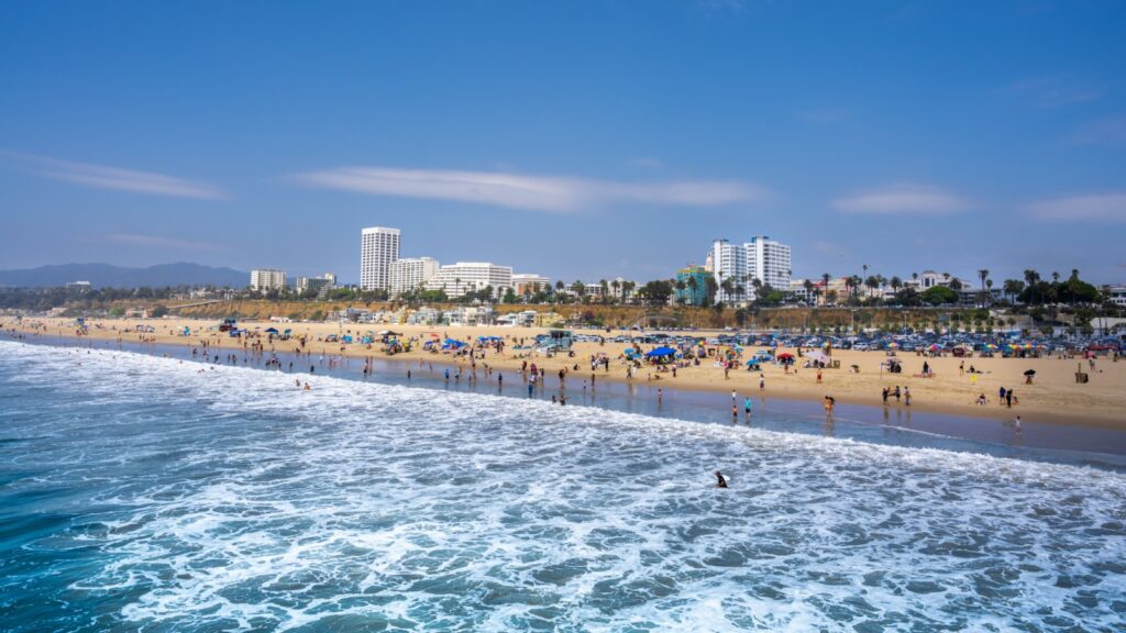 Santa Monica State Beach with people enjoying the sandy shoreline and the waves, with the city skyline and palm trees visible in the background.