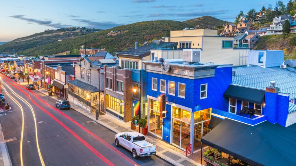 Park City, Utah, USA town skyline over Main Street at twilight.