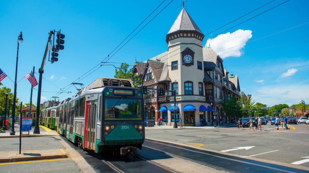 Boston Metro MBTA Ansaldo Breda Type 8 Green Line at Coolidge Corner station on Beacon Street, Brookline, Massachusetts MA, USA