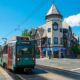 Boston Metro MBTA Ansaldo Breda Type 8 Green Line at Coolidge Corner station on Beacon Street, Brookline, Massachusetts MA, USA