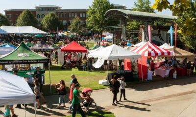 Suwanee, GA USA - September 21, 2019: Wide shot of people milling about the vendor tents, displays and games at the Suwanee Fest event on September 21, 2019 in Suwanee, GA.