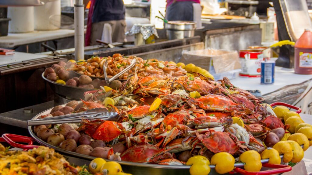 Steamed blue crabs at outdoor festival