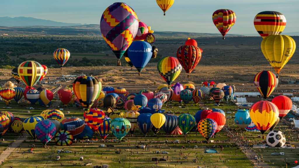 Aerial view of the hot air balloon mass ascension at the Albuquerque International Balloon Fiesta.