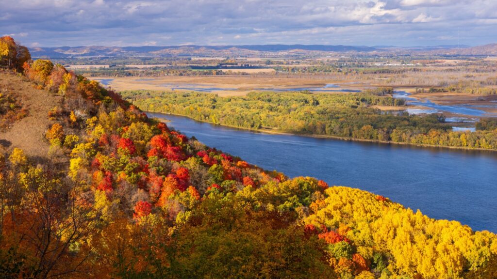 A Scenic View Of The Mississippi River In Autumn.