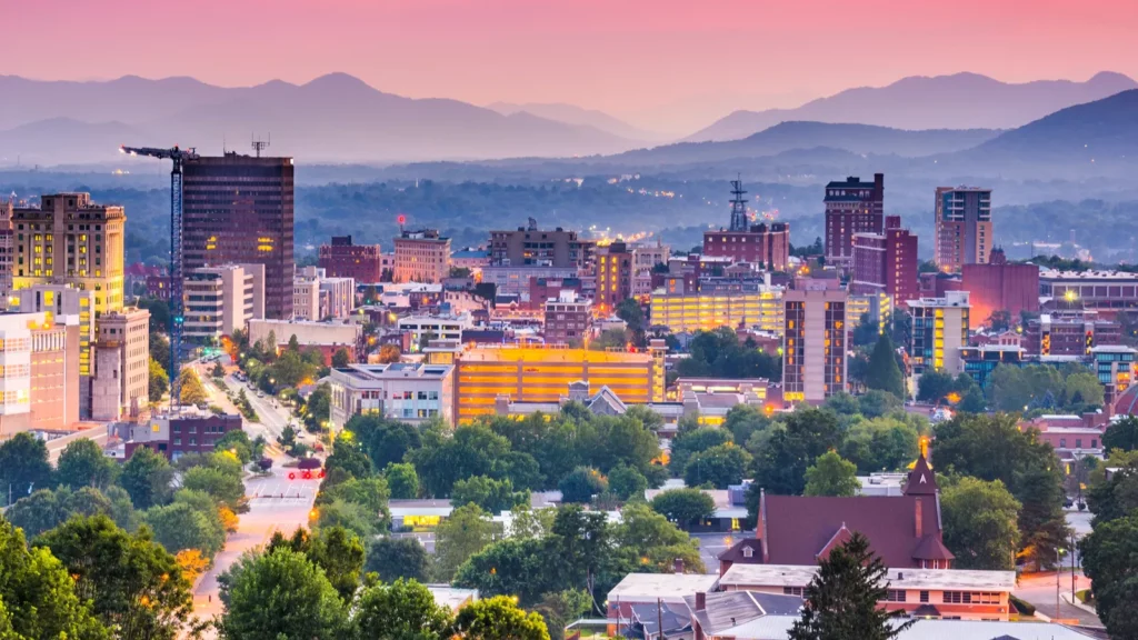 Asheville, North Carolina, USA at twilight.